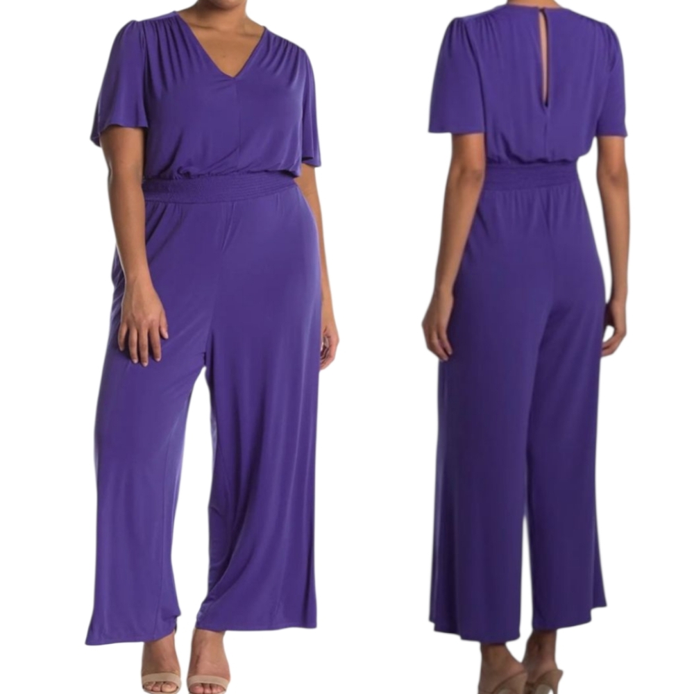 London Times | Solid Jersey Flutter Sleeve Wide Leg Jumpsuit Size 14